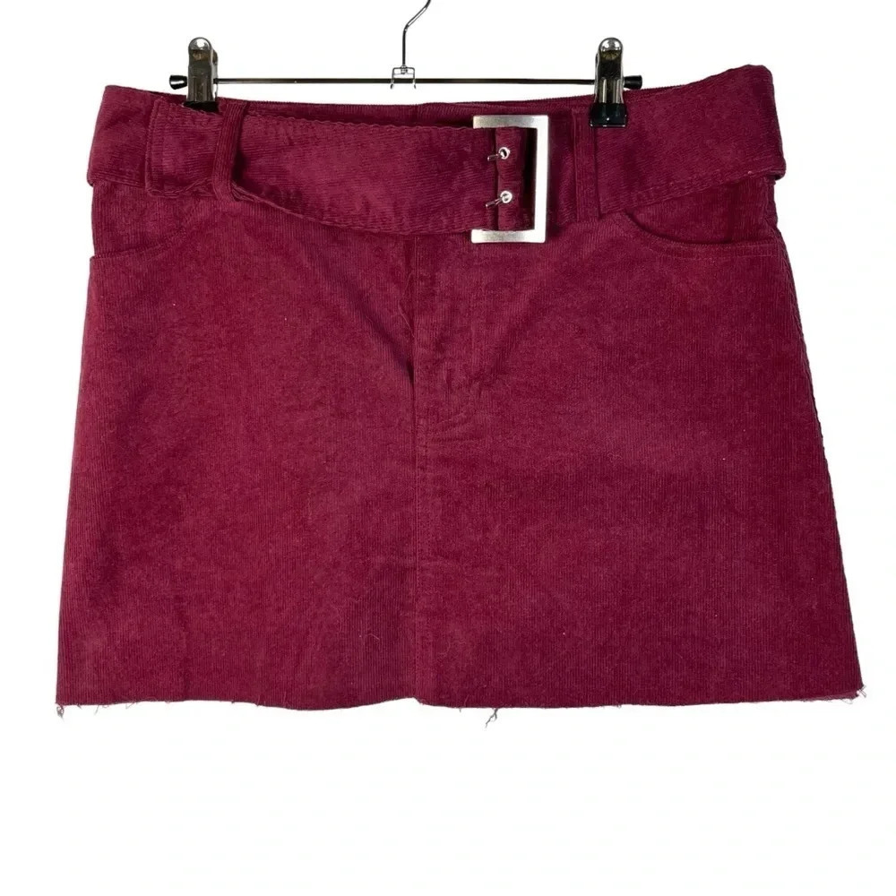 Forever 21 Wine Red Corduroy Wide Belt Cut Off Mini Skirt L